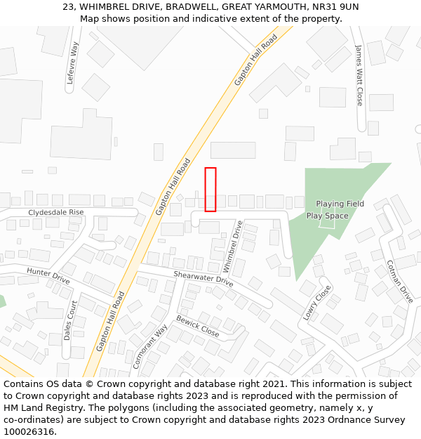 23, WHIMBREL DRIVE, BRADWELL, GREAT YARMOUTH, NR31 9UN: Location map and indicative extent of plot