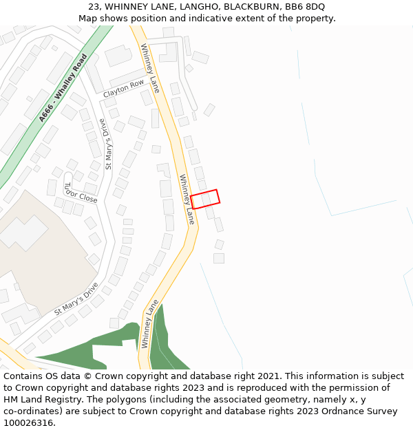 23, WHINNEY LANE, LANGHO, BLACKBURN, BB6 8DQ: Location map and indicative extent of plot