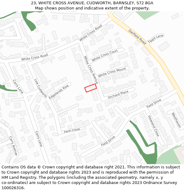 23, WHITE CROSS AVENUE, CUDWORTH, BARNSLEY, S72 8GA: Location map and indicative extent of plot