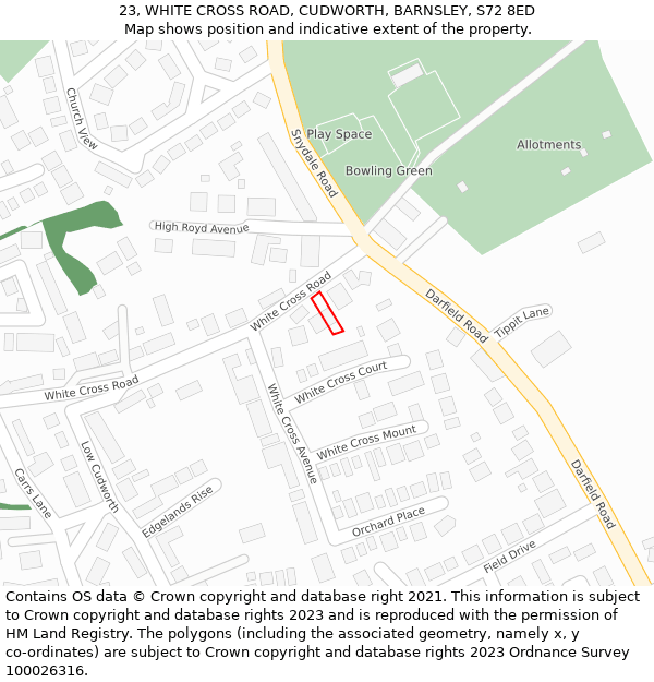 23, WHITE CROSS ROAD, CUDWORTH, BARNSLEY, S72 8ED: Location map and indicative extent of plot