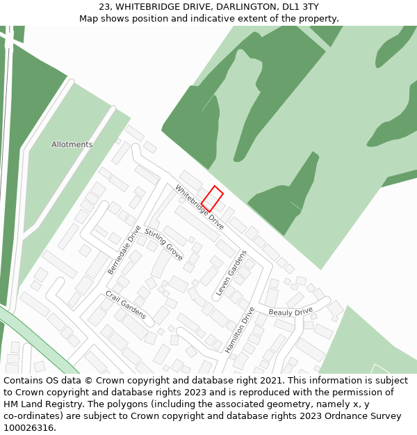 23, WHITEBRIDGE DRIVE, DARLINGTON, DL1 3TY: Location map and indicative extent of plot