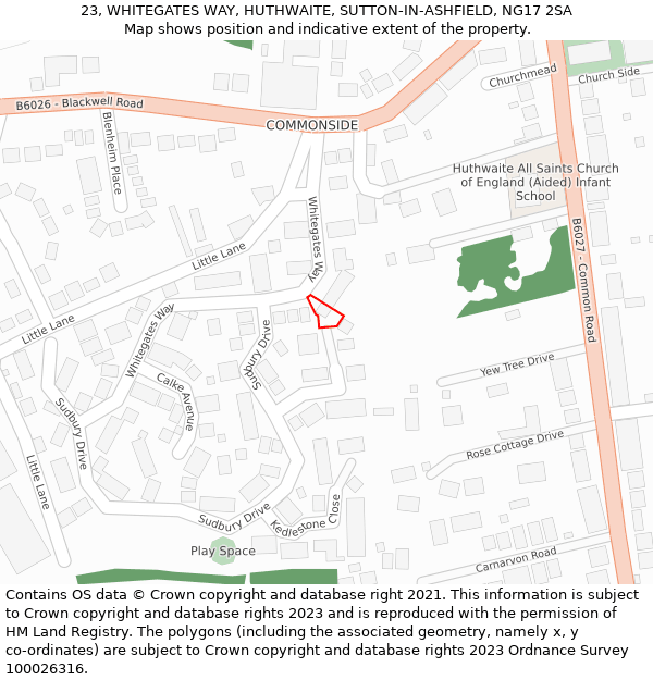 23, WHITEGATES WAY, HUTHWAITE, SUTTON-IN-ASHFIELD, NG17 2SA: Location map and indicative extent of plot