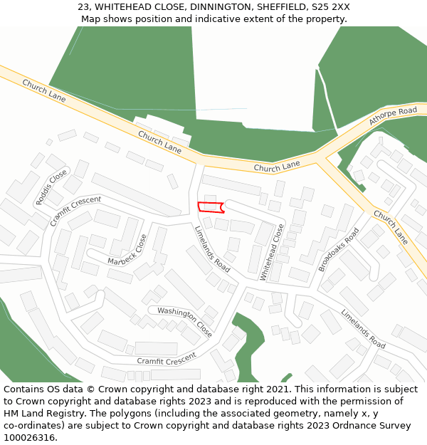 23, WHITEHEAD CLOSE, DINNINGTON, SHEFFIELD, S25 2XX: Location map and indicative extent of plot