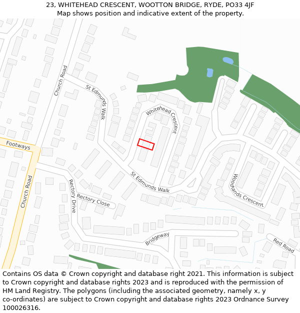 23, WHITEHEAD CRESCENT, WOOTTON BRIDGE, RYDE, PO33 4JF: Location map and indicative extent of plot