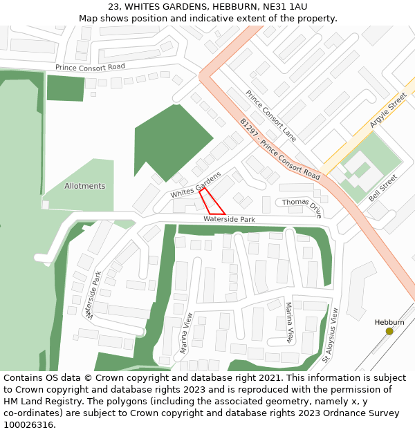 23, WHITES GARDENS, HEBBURN, NE31 1AU: Location map and indicative extent of plot
