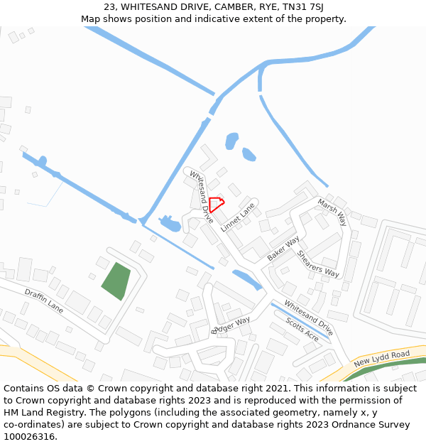 23, WHITESAND DRIVE, CAMBER, RYE, TN31 7SJ: Location map and indicative extent of plot