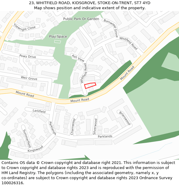 23, WHITFIELD ROAD, KIDSGROVE, STOKE-ON-TRENT, ST7 4YD: Location map and indicative extent of plot