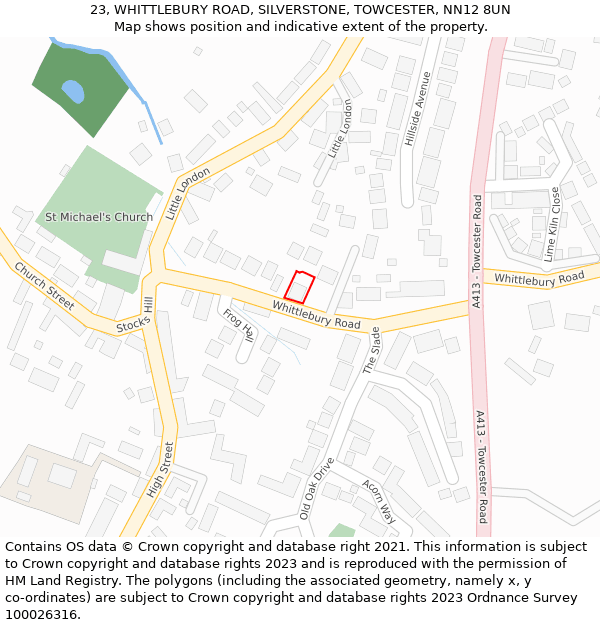 23, WHITTLEBURY ROAD, SILVERSTONE, TOWCESTER, NN12 8UN: Location map and indicative extent of plot