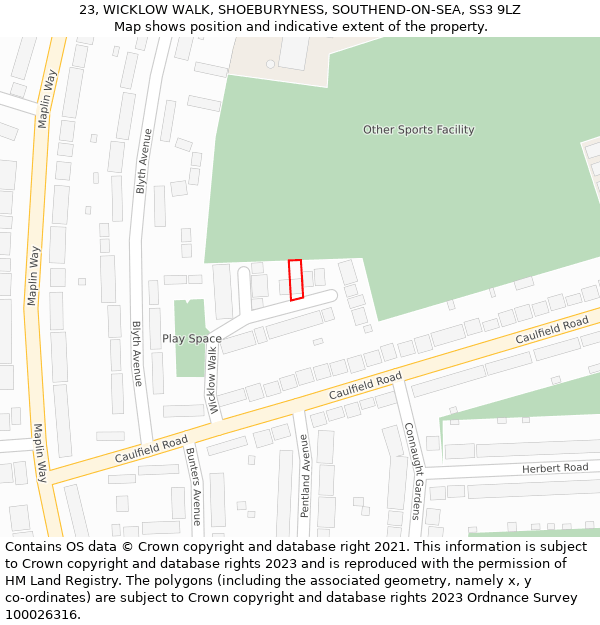 23, WICKLOW WALK, SHOEBURYNESS, SOUTHEND-ON-SEA, SS3 9LZ: Location map and indicative extent of plot