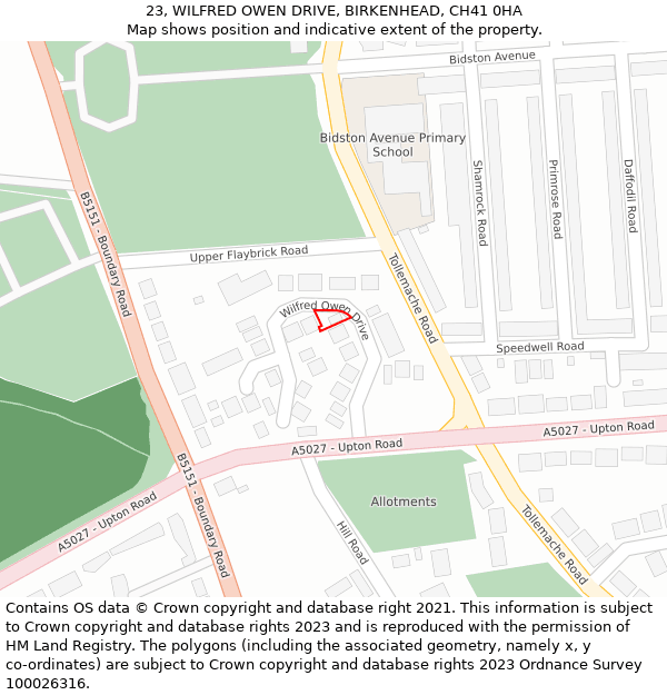 23, WILFRED OWEN DRIVE, BIRKENHEAD, CH41 0HA: Location map and indicative extent of plot