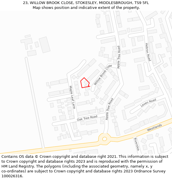 23, WILLOW BROOK CLOSE, STOKESLEY, MIDDLESBROUGH, TS9 5FL: Location map and indicative extent of plot