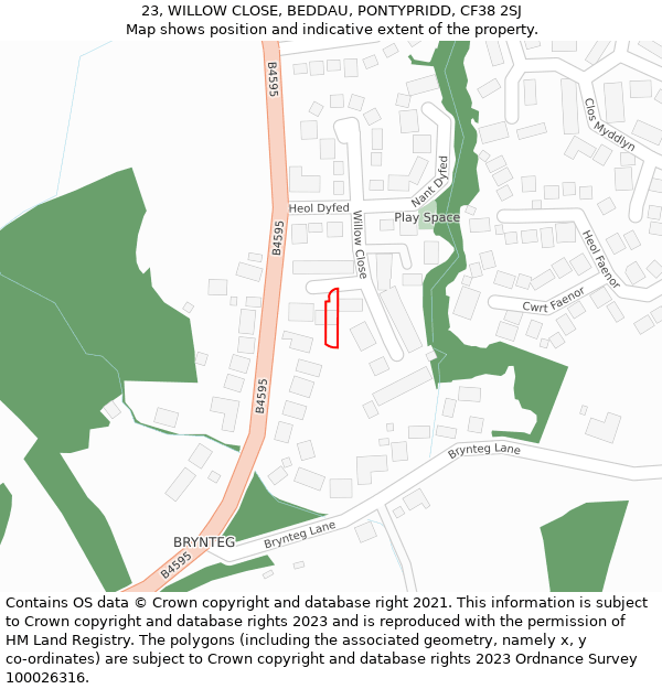 23, WILLOW CLOSE, BEDDAU, PONTYPRIDD, CF38 2SJ: Location map and indicative extent of plot