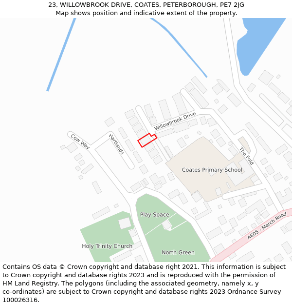 23, WILLOWBROOK DRIVE, COATES, PETERBOROUGH, PE7 2JG: Location map and indicative extent of plot