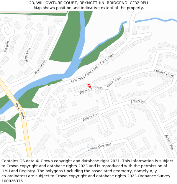 23, WILLOWTURF COURT, BRYNCETHIN, BRIDGEND, CF32 9PH: Location map and indicative extent of plot