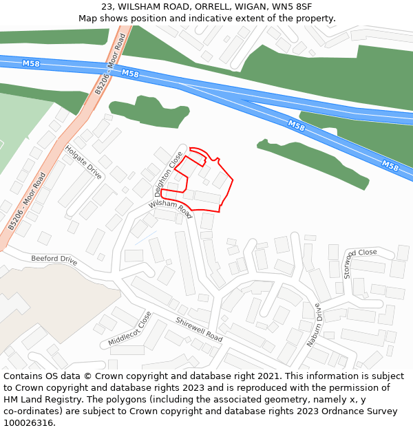 23, WILSHAM ROAD, ORRELL, WIGAN, WN5 8SF: Location map and indicative extent of plot