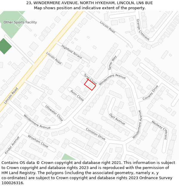 23, WINDERMERE AVENUE, NORTH HYKEHAM, LINCOLN, LN6 8UE: Location map and indicative extent of plot