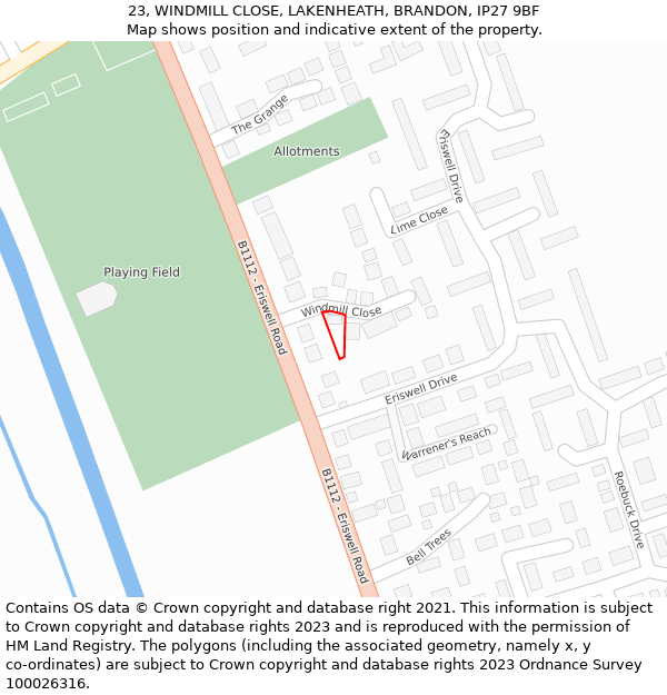 23, WINDMILL CLOSE, LAKENHEATH, BRANDON, IP27 9BF: Location map and indicative extent of plot