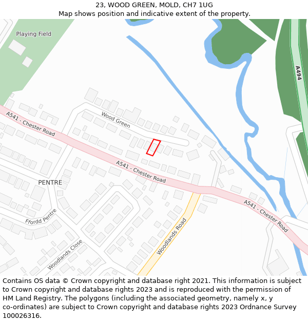 23, WOOD GREEN, MOLD, CH7 1UG: Location map and indicative extent of plot