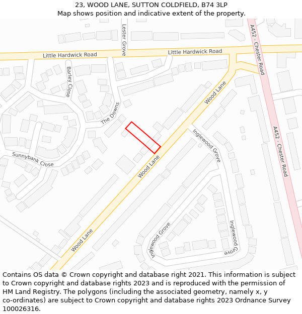 23, WOOD LANE, SUTTON COLDFIELD, B74 3LP: Location map and indicative extent of plot