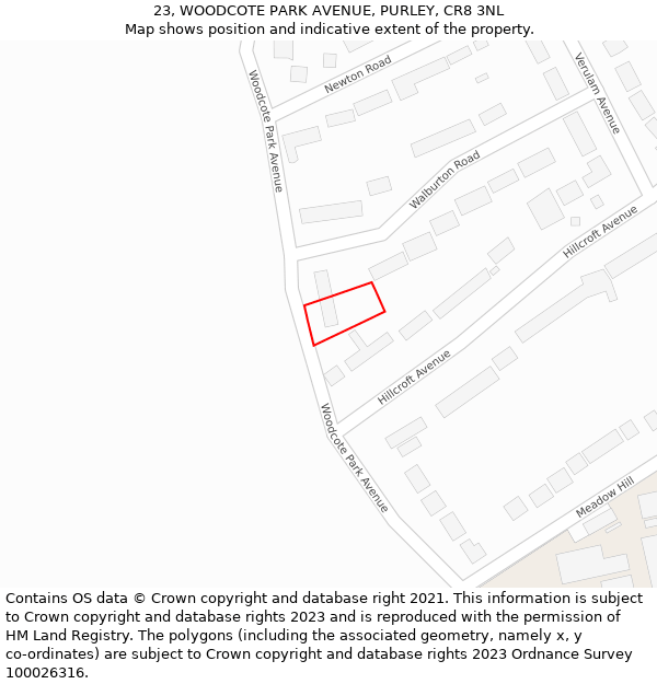 23, WOODCOTE PARK AVENUE, PURLEY, CR8 3NL: Location map and indicative extent of plot