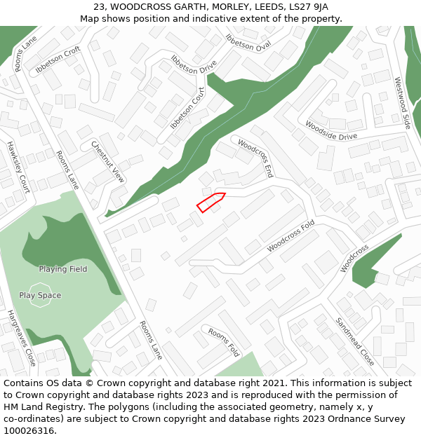 23, WOODCROSS GARTH, MORLEY, LEEDS, LS27 9JA: Location map and indicative extent of plot