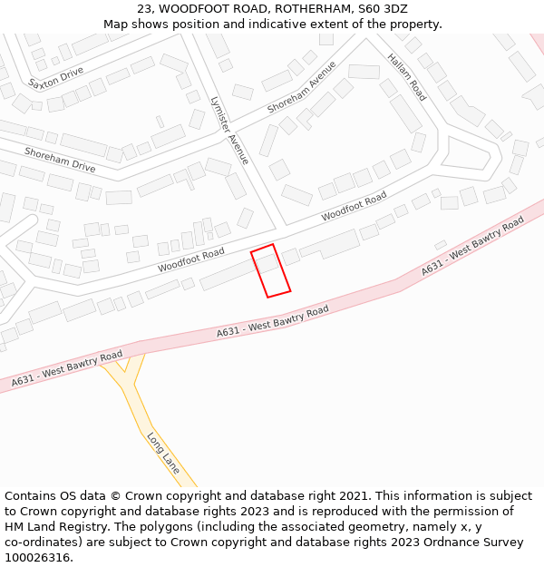 23, WOODFOOT ROAD, ROTHERHAM, S60 3DZ: Location map and indicative extent of plot