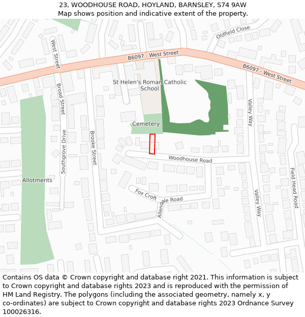 23, WOODHOUSE ROAD, HOYLAND, BARNSLEY, S74 9AW: Location map and indicative extent of plot