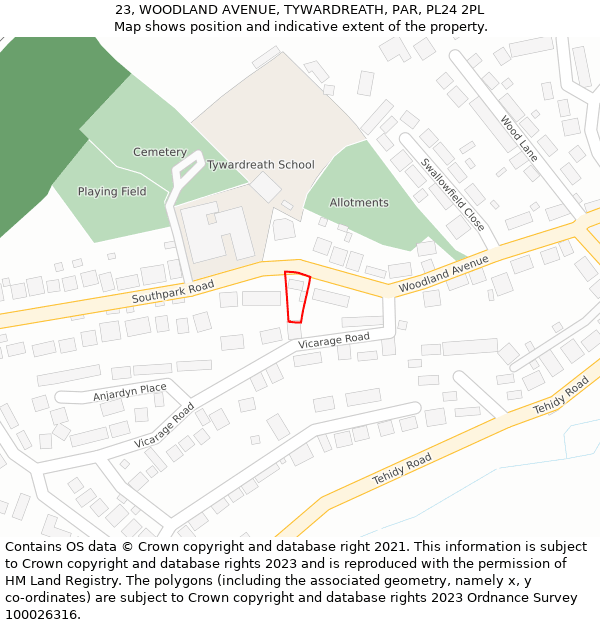 23, WOODLAND AVENUE, TYWARDREATH, PAR, PL24 2PL: Location map and indicative extent of plot