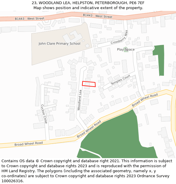 23, WOODLAND LEA, HELPSTON, PETERBOROUGH, PE6 7EF: Location map and indicative extent of plot