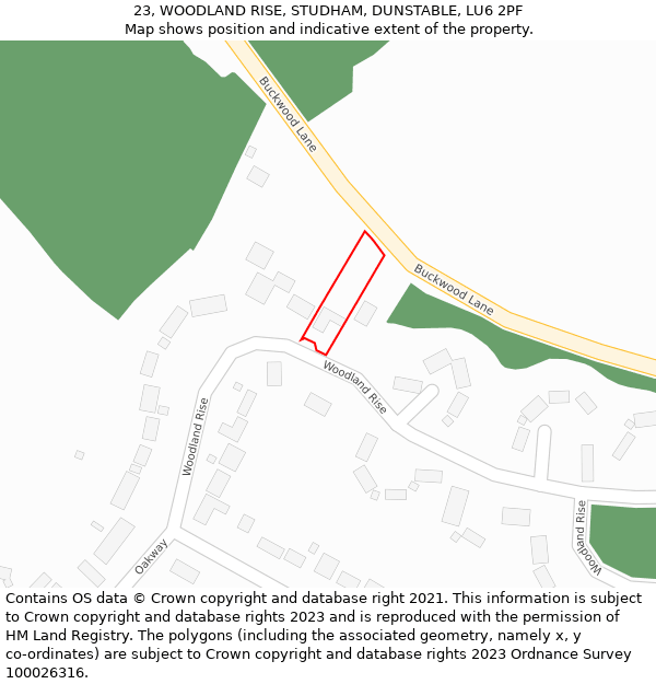 23, WOODLAND RISE, STUDHAM, DUNSTABLE, LU6 2PF: Location map and indicative extent of plot