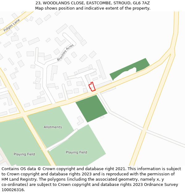 23, WOODLANDS CLOSE, EASTCOMBE, STROUD, GL6 7AZ: Location map and indicative extent of plot