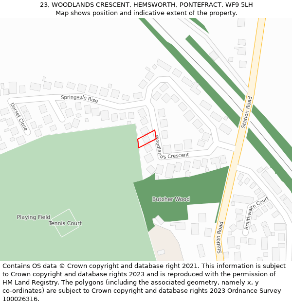 23, WOODLANDS CRESCENT, HEMSWORTH, PONTEFRACT, WF9 5LH: Location map and indicative extent of plot