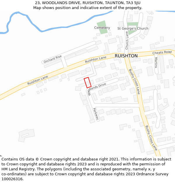 23, WOODLANDS DRIVE, RUISHTON, TAUNTON, TA3 5JU: Location map and indicative extent of plot