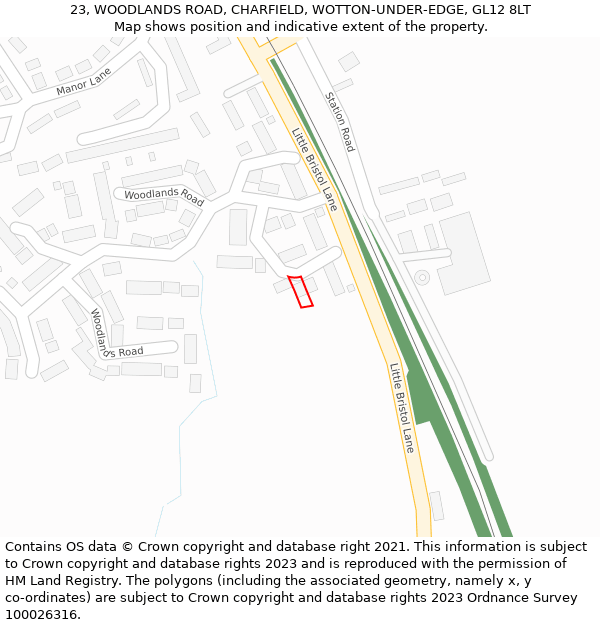 23, WOODLANDS ROAD, CHARFIELD, WOTTON-UNDER-EDGE, GL12 8LT: Location map and indicative extent of plot