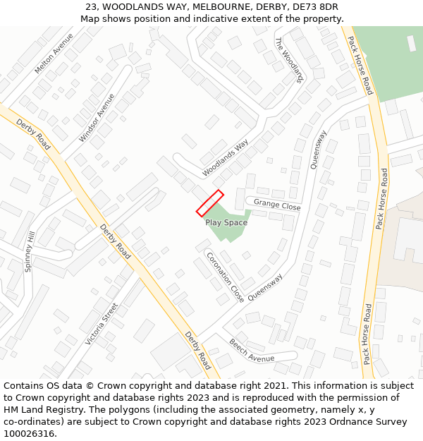 23, WOODLANDS WAY, MELBOURNE, DERBY, DE73 8DR: Location map and indicative extent of plot