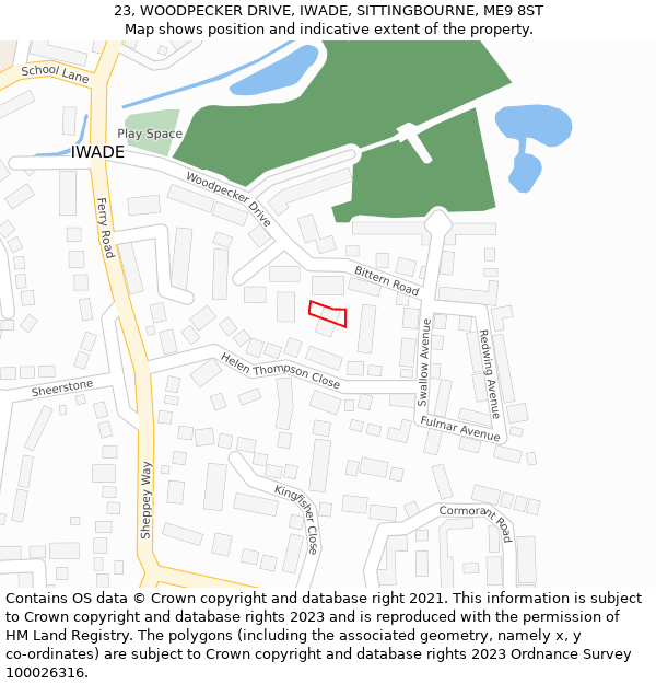 23, WOODPECKER DRIVE, IWADE, SITTINGBOURNE, ME9 8ST: Location map and indicative extent of plot