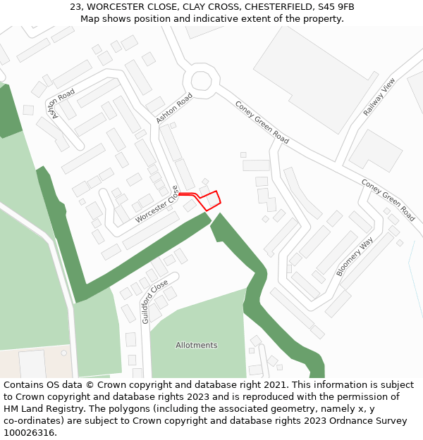 23, WORCESTER CLOSE, CLAY CROSS, CHESTERFIELD, S45 9FB: Location map and indicative extent of plot