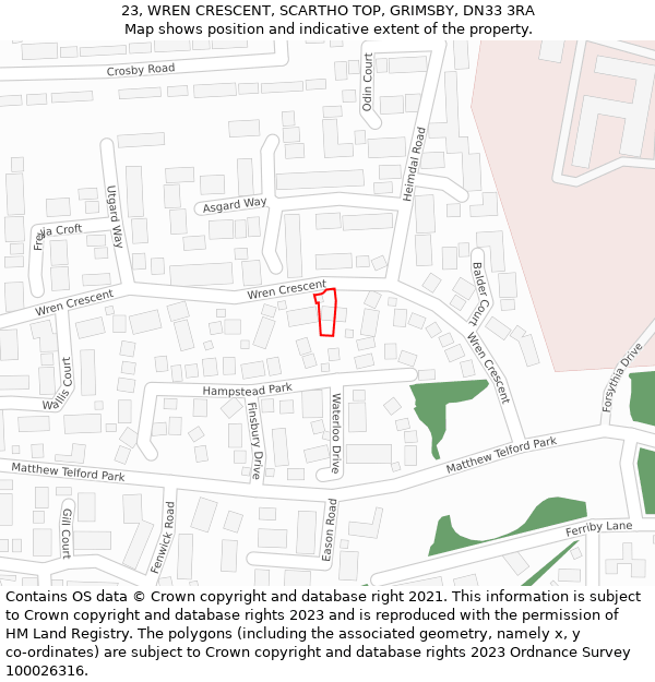 23, WREN CRESCENT, SCARTHO TOP, GRIMSBY, DN33 3RA: Location map and indicative extent of plot