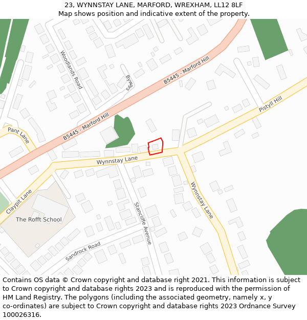 23, WYNNSTAY LANE, MARFORD, WREXHAM, LL12 8LF: Location map and indicative extent of plot