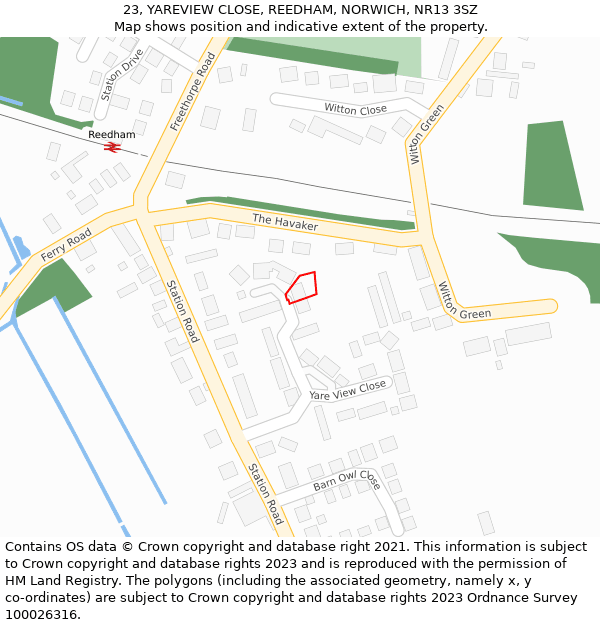 23, YAREVIEW CLOSE, REEDHAM, NORWICH, NR13 3SZ: Location map and indicative extent of plot