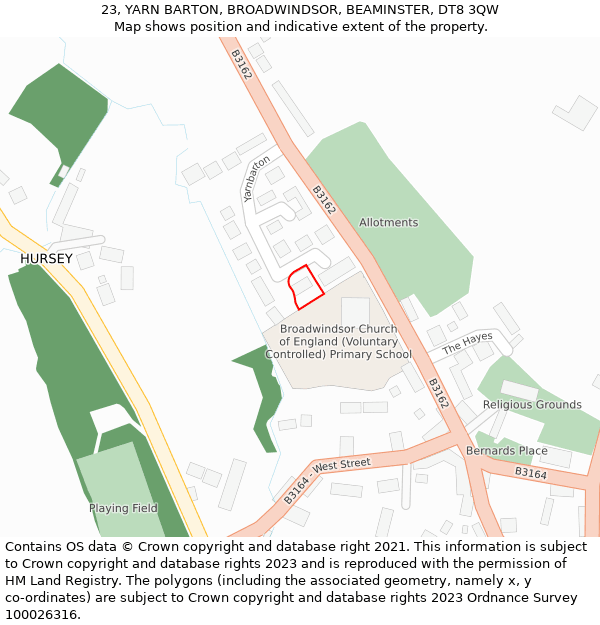 23, YARN BARTON, BROADWINDSOR, BEAMINSTER, DT8 3QW: Location map and indicative extent of plot