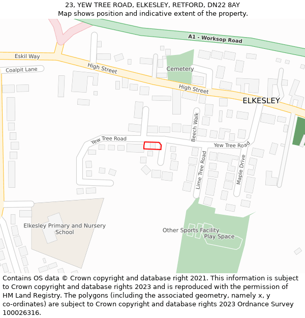 23, YEW TREE ROAD, ELKESLEY, RETFORD, DN22 8AY: Location map and indicative extent of plot