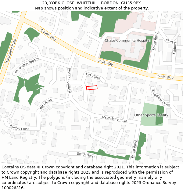 23, YORK CLOSE, WHITEHILL, BORDON, GU35 9PX: Location map and indicative extent of plot