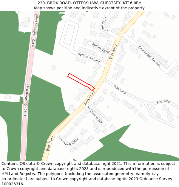 230, BROX ROAD, OTTERSHAW, CHERTSEY, KT16 0RA: Location map and indicative extent of plot