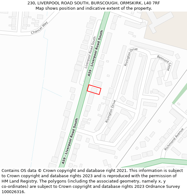 230, LIVERPOOL ROAD SOUTH, BURSCOUGH, ORMSKIRK, L40 7RF: Location map and indicative extent of plot
