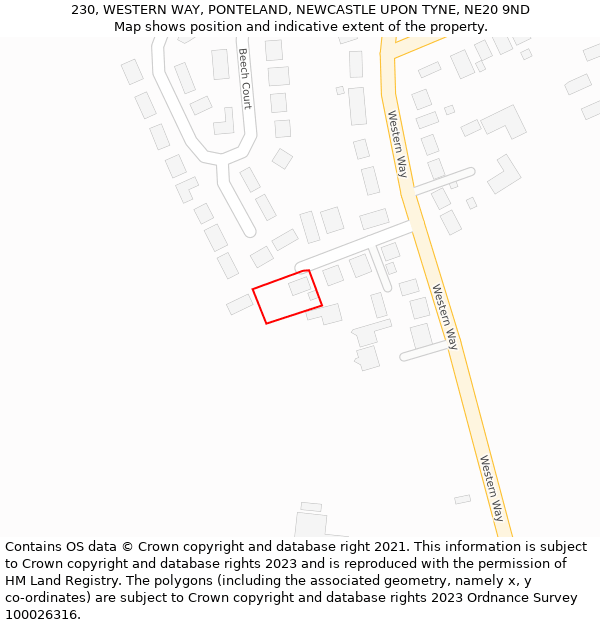 230, WESTERN WAY, PONTELAND, NEWCASTLE UPON TYNE, NE20 9ND: Location map and indicative extent of plot