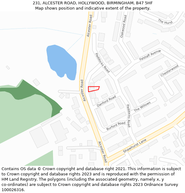 231, ALCESTER ROAD, HOLLYWOOD, BIRMINGHAM, B47 5HF: Location map and indicative extent of plot