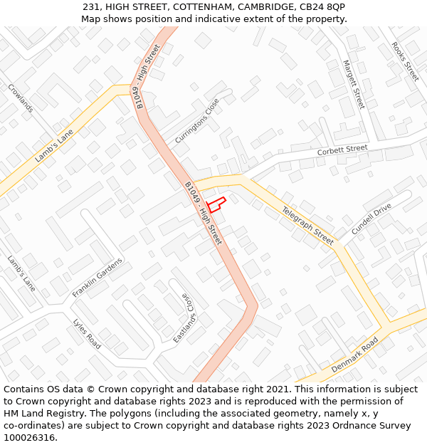 231, HIGH STREET, COTTENHAM, CAMBRIDGE, CB24 8QP: Location map and indicative extent of plot