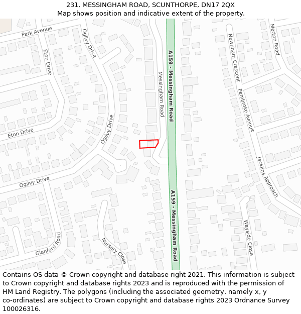 231, MESSINGHAM ROAD, SCUNTHORPE, DN17 2QX: Location map and indicative extent of plot