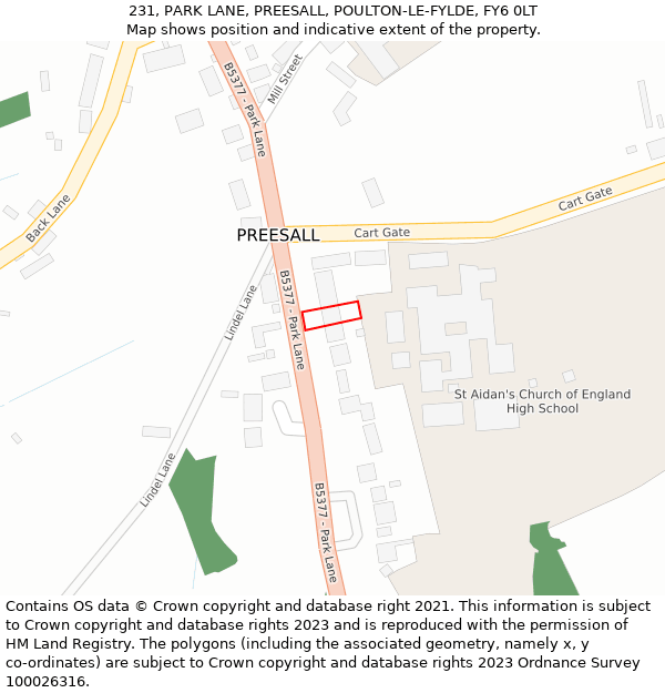 231, PARK LANE, PREESALL, POULTON-LE-FYLDE, FY6 0LT: Location map and indicative extent of plot